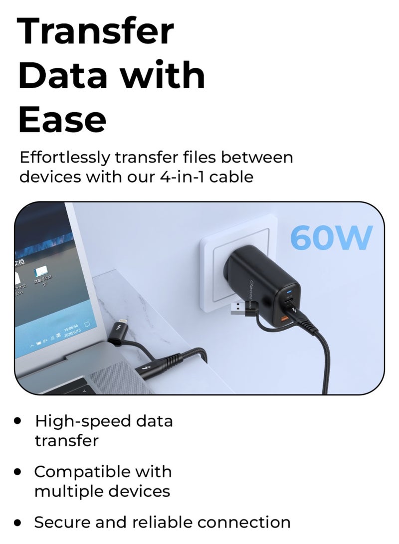 Charome C24 4-in-1 Heavy-Duty Aluminum Alloy Charging Data Cable Fast Charging, Durable Build, Tangle-Free Design, Universal Compatibility, Enhanced Data Transfer, Multiple Connectors - Image 5